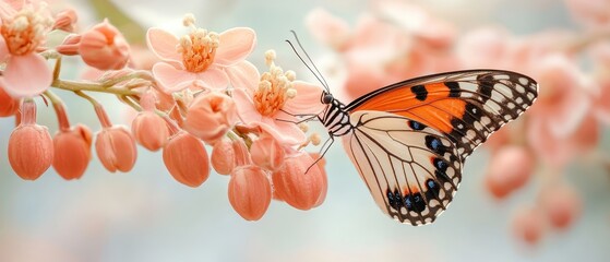 Beautiful butterfly resting on delicate pink flower cluster, showcasing vibrant wings against soft natural background.