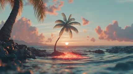Warm sunset over ocean waves with palm trees on rocky shore, soft clouds, tranquil nature scene.