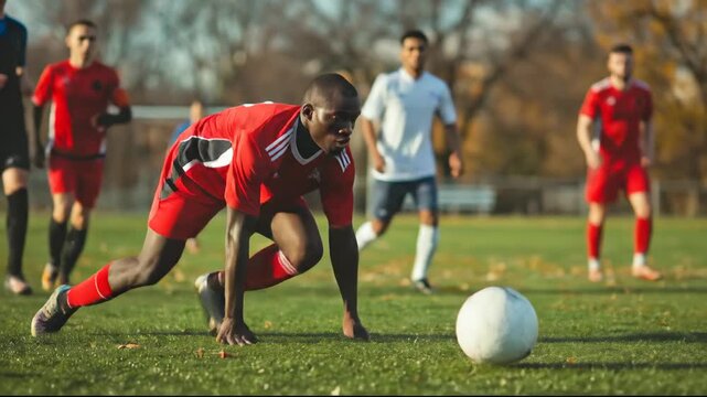 Soccer players in red and white during intense match on grassy field.