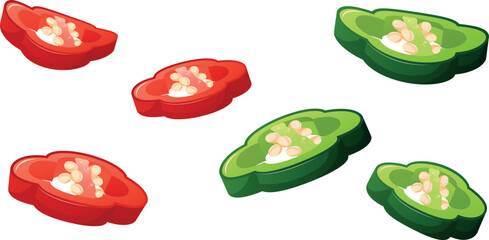 set of chili pepper slices, hot red and green jalapeno chili peppers. Fresh vegetables, spicy food.