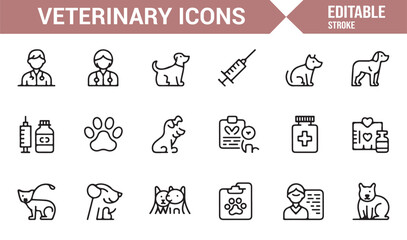 Pet health and veterinary medical outline icons
