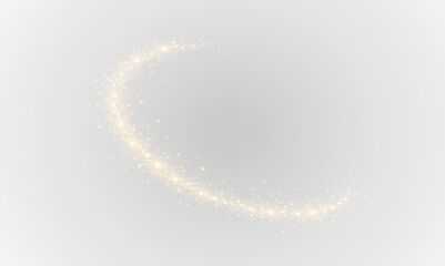 Fototapeta premium Golden dust sparks and glowing starlight trail with magical shine on transparent background. Beam, curve, dynamic, effect, flare glowing PNG swirl with sparkles and gold light trail.
