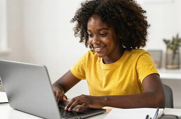 Smiling black student girl learning online using laptop