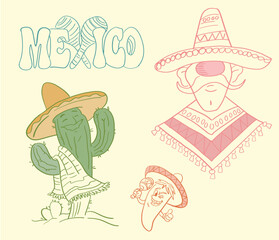 Stylized Mexico themed illustration featuring a character in sombrero and poncho with cactus elements. Ideal for cultural posters, travel designs, festival graphics, souvenirs and educational material