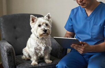 Westie dog receiving medical checkup from veterinarian using tablet