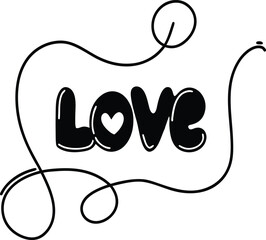 Retro Love Lettering with Heart and Abstract Swirl Line Vector Illustration