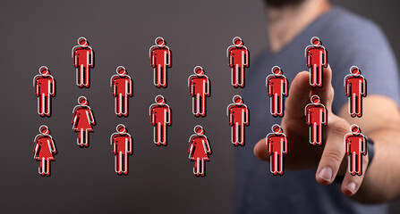 Concept of digital interaction, connection and networking represented by a finger touching abstract...