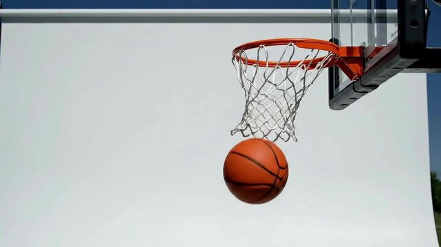 An orange basketball enters the hoop and net against a blue sky on an outdoor court, capturing a scoring shot on the backboard during a competitive game