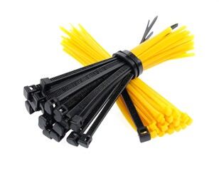 An array of black and yellow zip ties bundled together, appearing neat against a stark white background