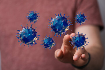3D rendered illustration shows coronavirus cells being touched, conceptual image of a hand...