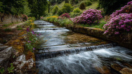 Flowing water stream with cascading small waterfalls surrounded by vibrant pink and yellow flowers in peaceful garden setting