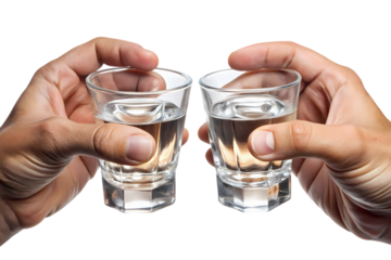 Two hands raise shot glasses filled with clear liquid, ready for a celebratory toast