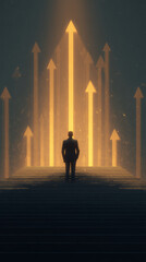 Man standing on stairs looking at glowing arrows pointing upward, symbolizing growth and success
