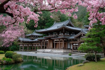 Fototapeta premium temple in kyoto, japan is surrounded by cherry blossoms and green grass