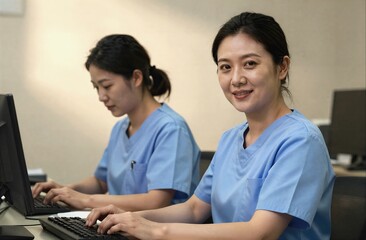 Asian medical staff members working on computers in office