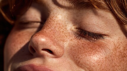 Obraz premium Golden Hour Embrace: A captivating close-up of sun-kissed skin, adorned with delicate freckles. The eyes are gently closed, embracing the warmth and tranquility of a sunlit moment.