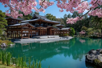 Fototapeta premium temple in kyoto, japan is surrounded by cherry blossoms and green grass