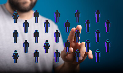 A hand selecting a member from a digitally rendered group, representing teamwork and unity in a modern style