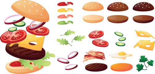 Burger ingredients list, vegetables, sauces, meat, cheese, and buns. Street food, fairs, festivals, and traditional food.