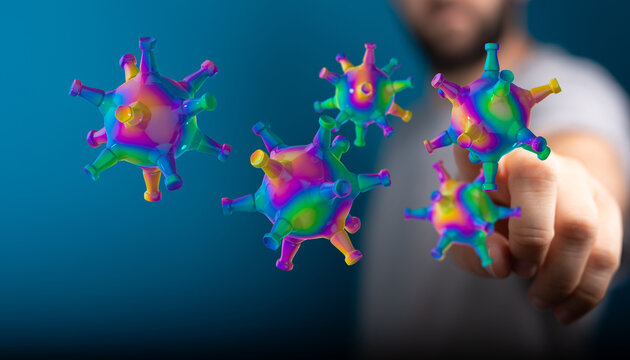 Abstract conceptual image of a person interacting with rainbow colored viruses. Symbolizing healthcare, scienc
