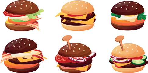 burger set with a variety of toppings, toppings, and buns. Delicious burgers, street food, festival atmosphere, and outdoor lunch.