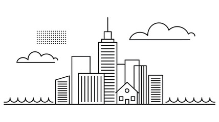 Simple line drawing depicts a cityscape with buildings water and clouds