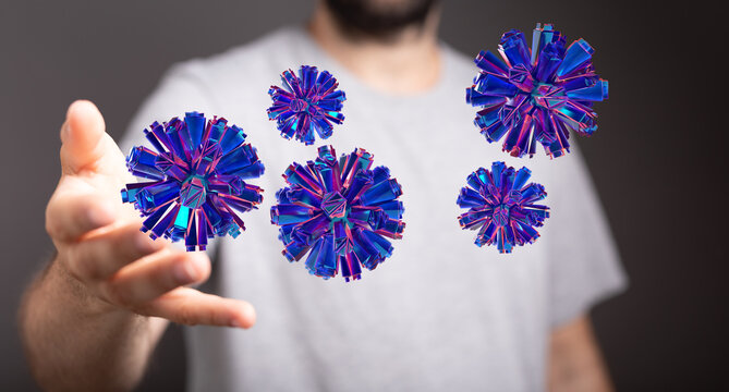 Man's hand holding futuristic 3D virus illustration, showing concept of protection, defense, and healthcare. V - Powered by Adobe