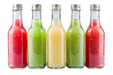 Vibrant assortment of cold pressed fruit and vegetable juices in glass bottles