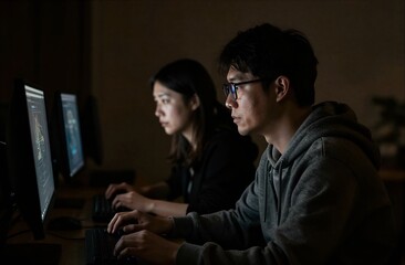 Asian developers programming late night creating software solutions