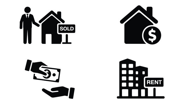 Real estate icons depicting sales rentals and financial transactions