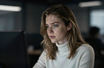 Young woman working focused on computer screen