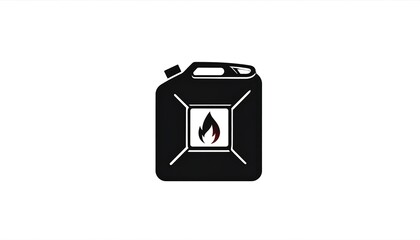 Black fuel container with flame graphic isolated on white, rendered in graphic, iconic, minimalist design