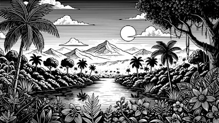 Black and White Tropical Landscape with River and Mountains © colorshapppy