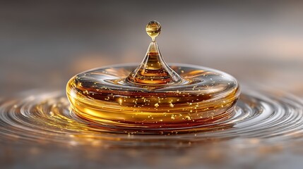 An amber droplet hovering above water creating perfect concentric ripples, with a tiny bead on top, macro photography of liquid dynamics on a soft grey background.