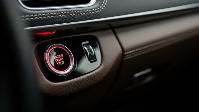 Car interior with illuminated start stop button in textured leather dashboard