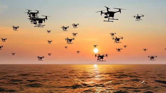 A swarm of drones conducting aerial surveys and photography over the sea