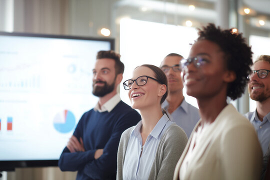 A diverse group of business professionals managers attentively listens as a confident speaker presents data on a digital display during a productive business meeting. - Powered by Adobe