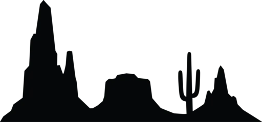 Fotobehang Zwart Minimal desert landscape silhouette featuring cactus and rocky mountains, western wilderness vector illustration isolated on white background design  © Itz Jisan