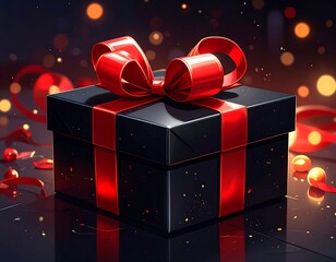 Black gift box with shiny red ribbon on dark reflective surface with bokeh background