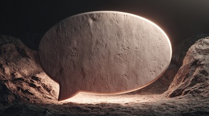 Large speech bubble in rocky environment with light shining from below creates a focus point for thoughts and ideas