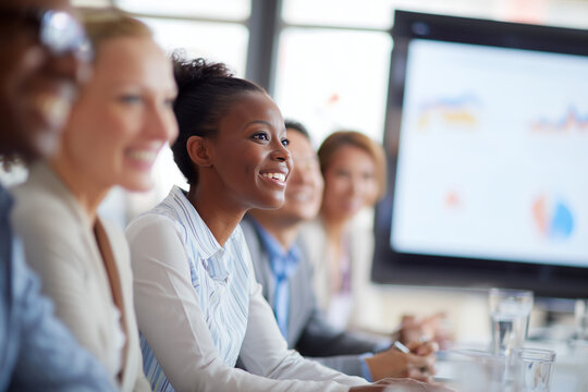 A diverse group of business professionals managers attentively listens as a confident speaker presents data on a digital display during a productive business meeting. - Powered by Adobe