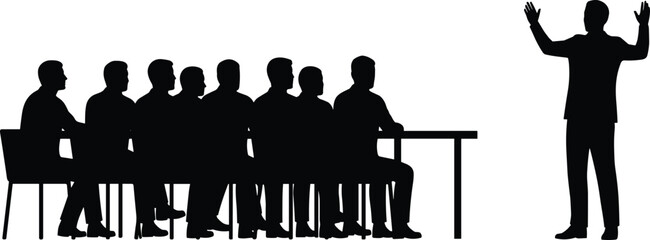 Silhouette business presentation with speaker addressing seated audience during corporate meeting seminar training concept leadership conference teamwork communication strategy professional