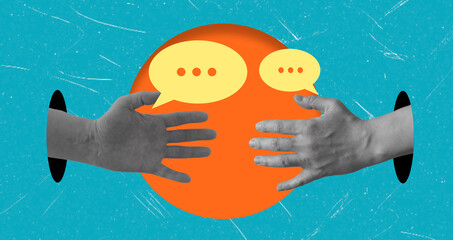 Art collage showing hands reaching for an orange sphere with speech bubbles on a blue background in an abstract setting