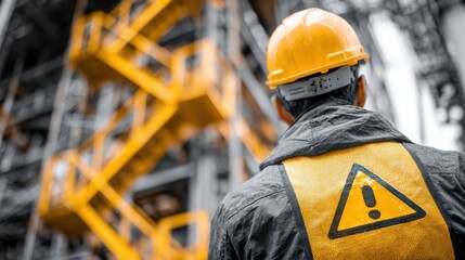 Construction worker in yellow hard hat and safety vest with warning sign looks at industrial structure