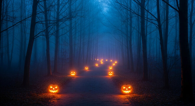 Foggy forest path at night, illuminated by glowing jack-o'-lanterns, creating a spooky Halloween scene - Powered by Adobe