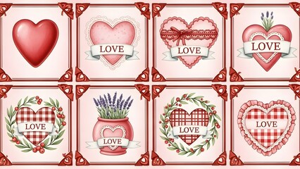 Collection of various heart designs and love themed illustrations on decorative backgrounds for valentines day