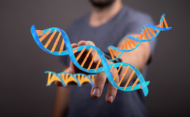 Close-up of a hand touching a DNA strand. Illustration of genetic engineering, science, innovation, and futuri