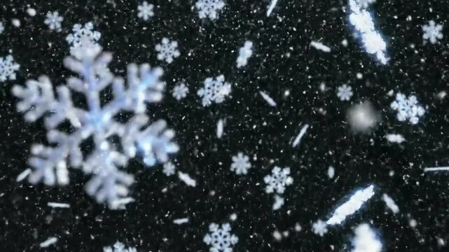 Water drops on a green glass surface create a cold winter texture with blue snowflake patterns and sparkling Christmas light particles for a festive holiday design