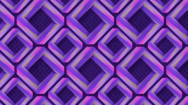 Seamless 3D animation of a geometric pattern in purple tones. Diamond-shaped frames rotate to create an optical illusion. Memphis and Pop Art style with a halftone texture
