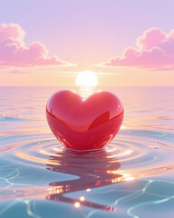 Fototapeta premium Vibrant digital illustration of a Valentines Day scene featuring a shiny red heart floating on rippling water, set against a serene sunset backdrop with pastel hues and fluffy clouds.